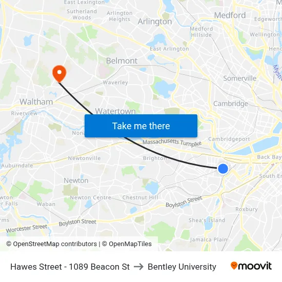 Hawes Street - 1089 Beacon St to Bentley University map