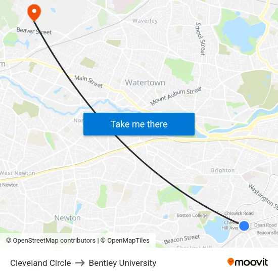 Cleveland Circle to Bentley University map