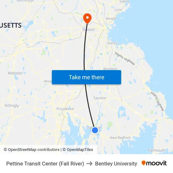 Pettine Transit Center (Fall River) to Bentley University map