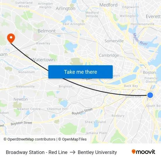 Broadway Station - Red Line to Bentley University map