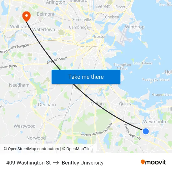 409 Washington St to Bentley University map