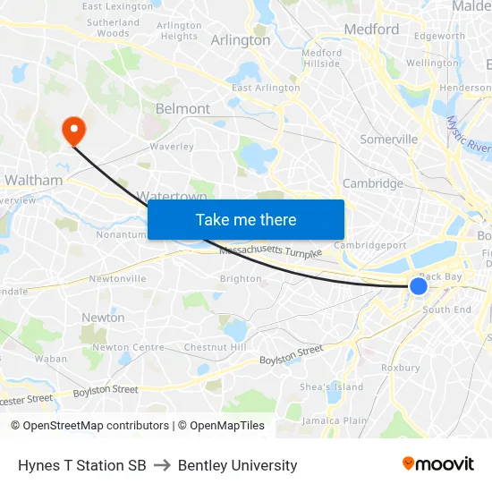 Hynes T Station SB to Bentley University map