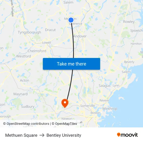 Methuen Square to Bentley University map