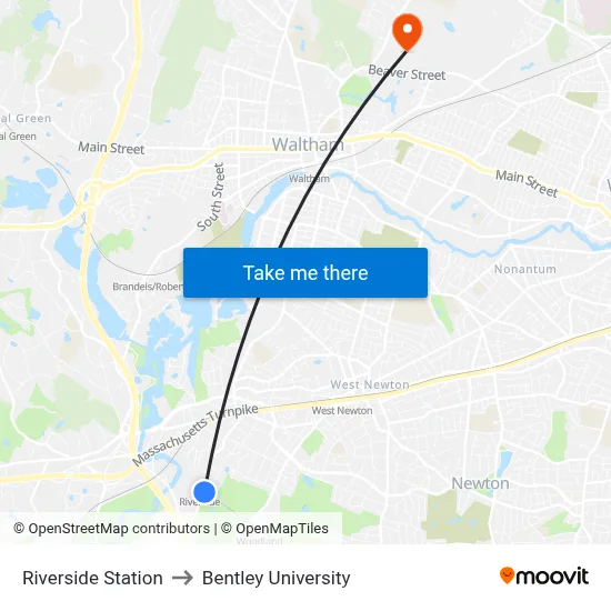 Riverside Station to Bentley University map