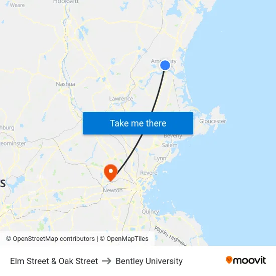Elm Street & Oak Street to Bentley University map