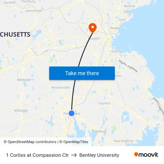 1 Corliss at Compassion Ctr to Bentley University map