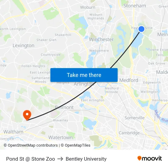 Pond St @ Stone Zoo to Bentley University map