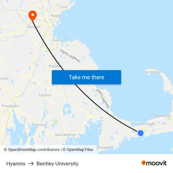 Hyannis to Bentley University map