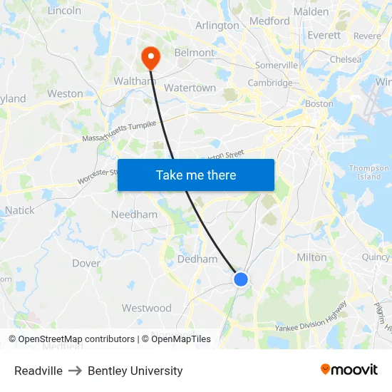 Readville to Bentley University map