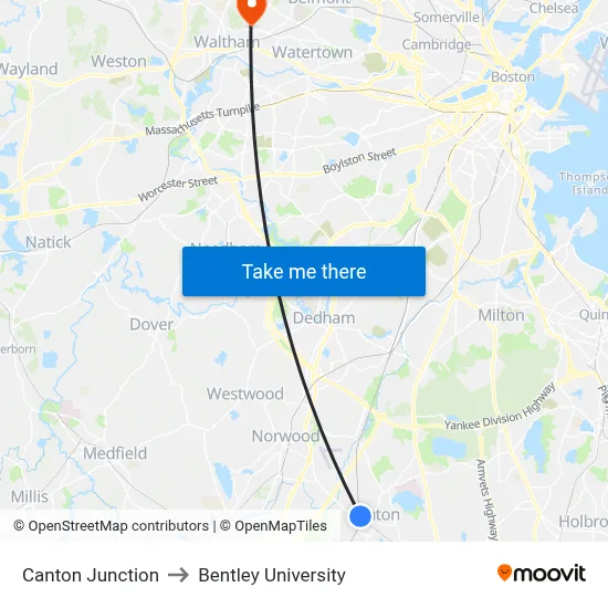 Canton Junction to Bentley University map