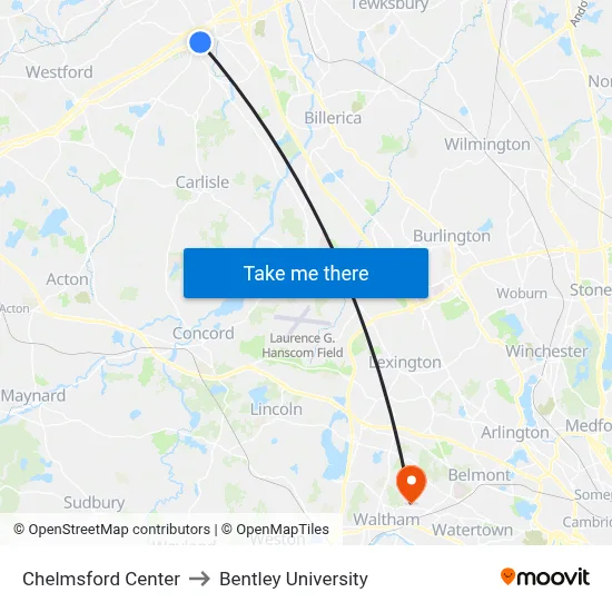 Chelmsford Center to Bentley University map