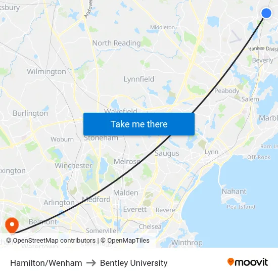 Hamilton/Wenham to Bentley University map