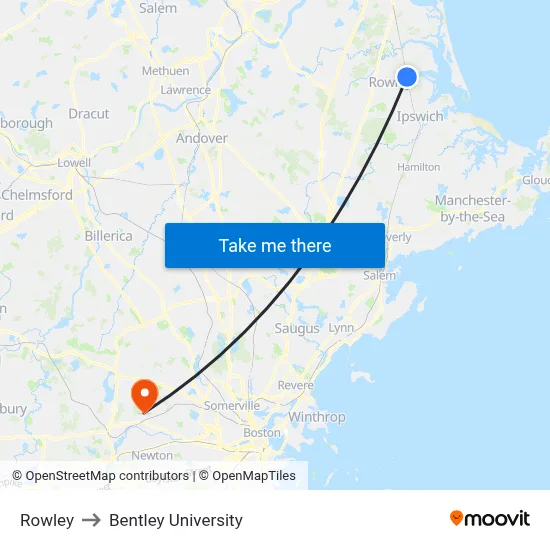 Rowley to Bentley University map