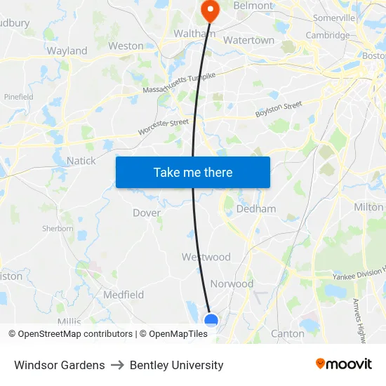 Windsor Gardens to Bentley University map