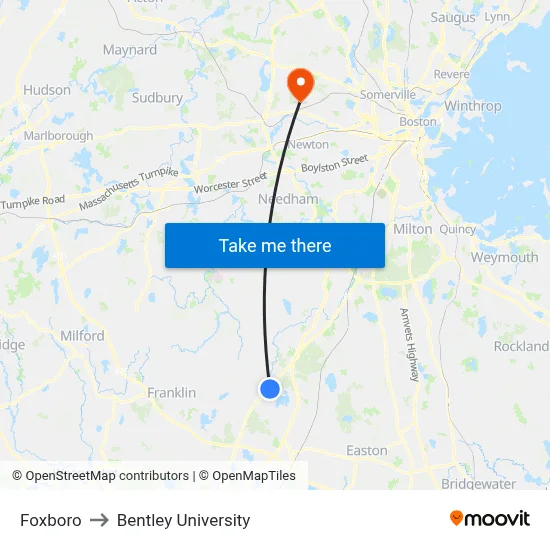 Foxboro to Bentley University map