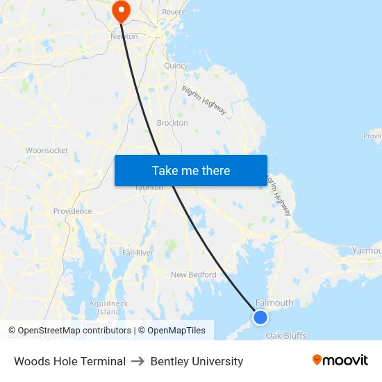 Woods Hole Terminal to Bentley University map