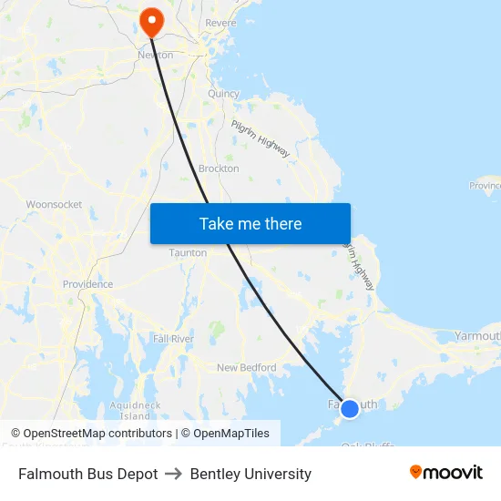 Falmouth Bus Depot to Bentley University map