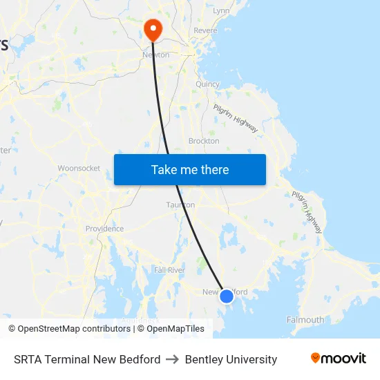 SRTA Terminal New Bedford to Bentley University map