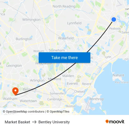 Market Basket to Bentley University map
