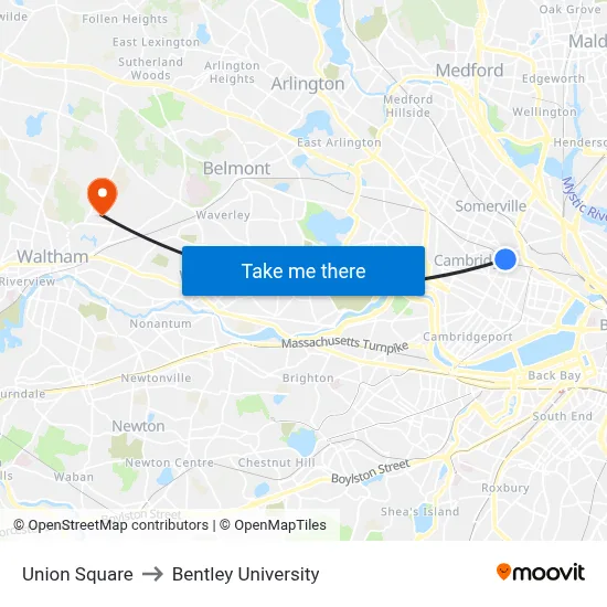 Union Square to Bentley University map