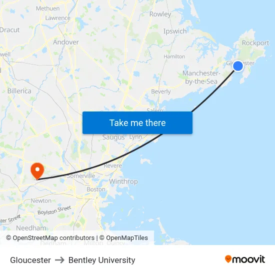 Gloucester to Bentley University map
