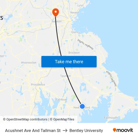 Acushnet Ave And Tallman St to Bentley University map