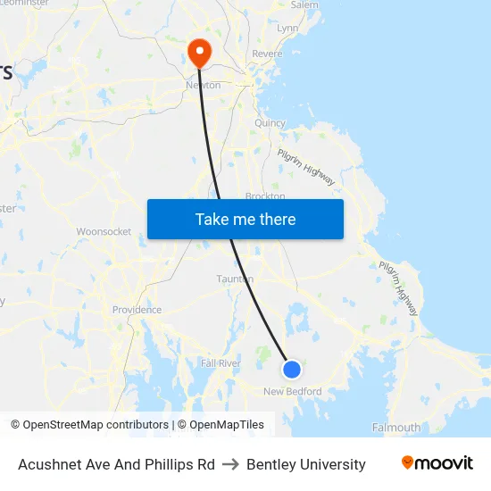 Acushnet Ave And Phillips Rd to Bentley University map