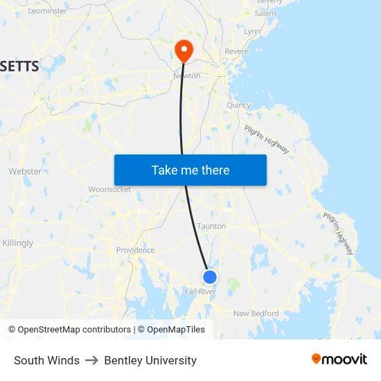 South Winds to Bentley University map