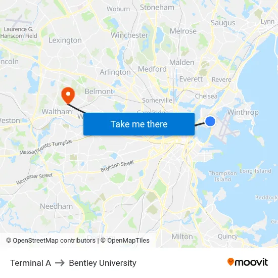 Terminal A to Bentley University map