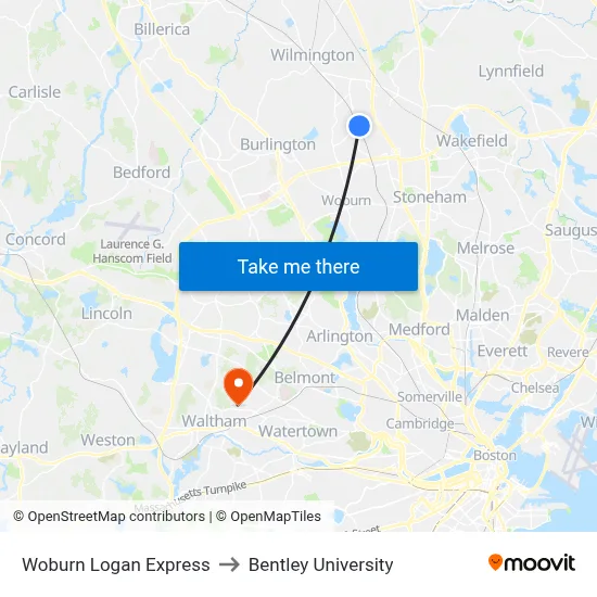 Woburn Logan Express to Bentley University map