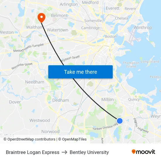 Braintree Logan Express to Bentley University map