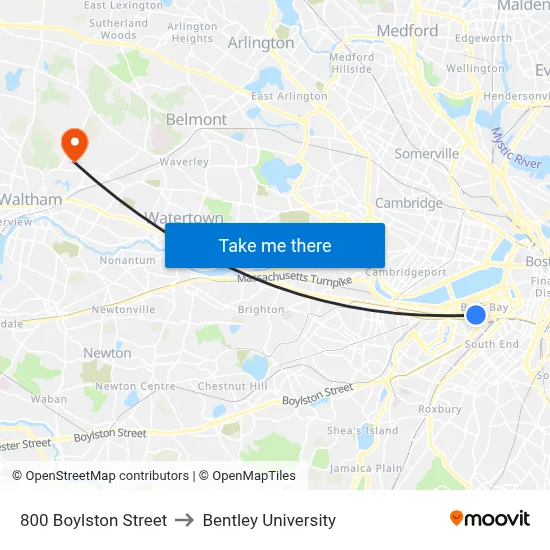 800 Boylston Street to Bentley University map