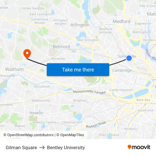 Gilman Square to Bentley University map