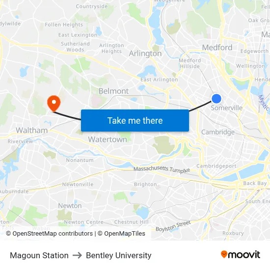 Magoun Station to Bentley University map
