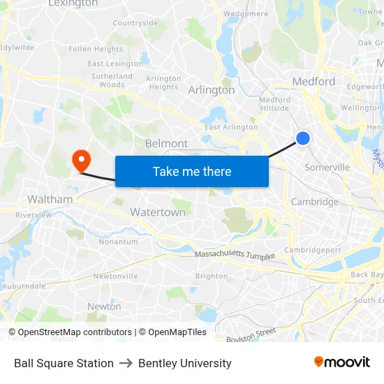 Ball Square Station to Bentley University map