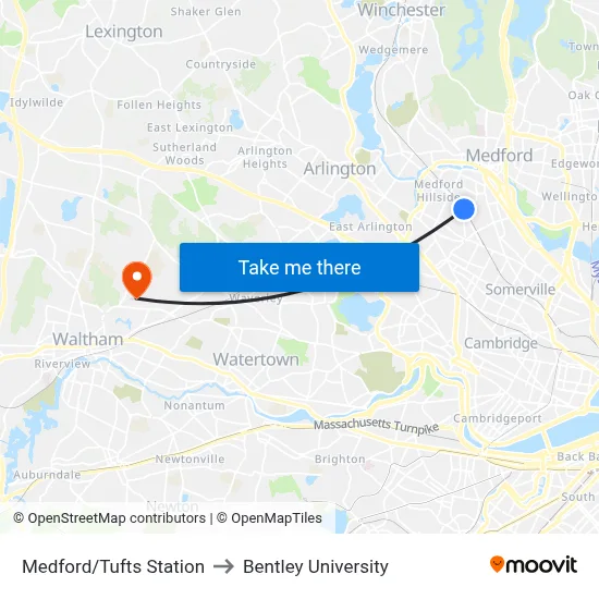 Medford/Tufts Station to Bentley University map