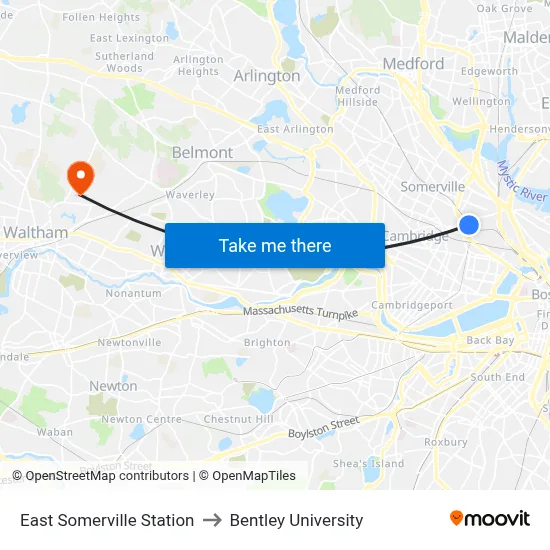 East Somerville Station to Bentley University map
