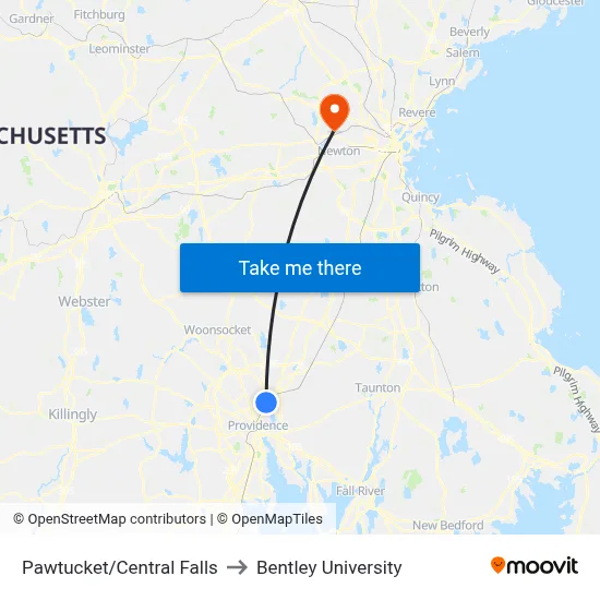 Pawtucket/Central Falls to Bentley University map