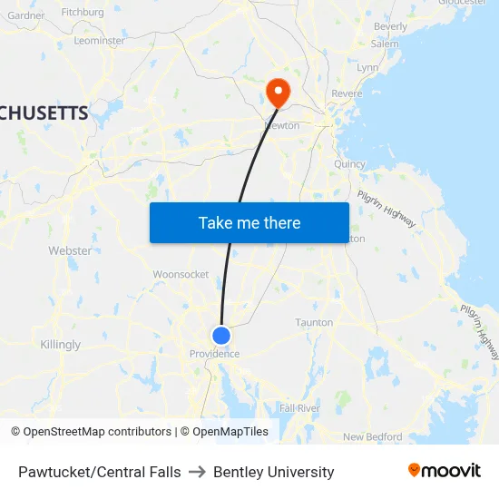 Pawtucket/Central Falls to Bentley University map