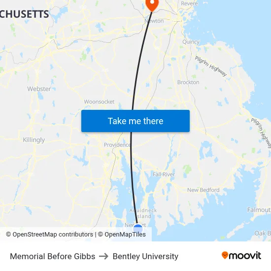 Memorial Before Gibbs to Bentley University map