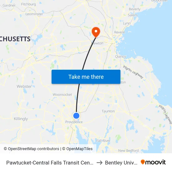 Pawtucket-Central Falls Transit Center (Stop B) to Bentley University map