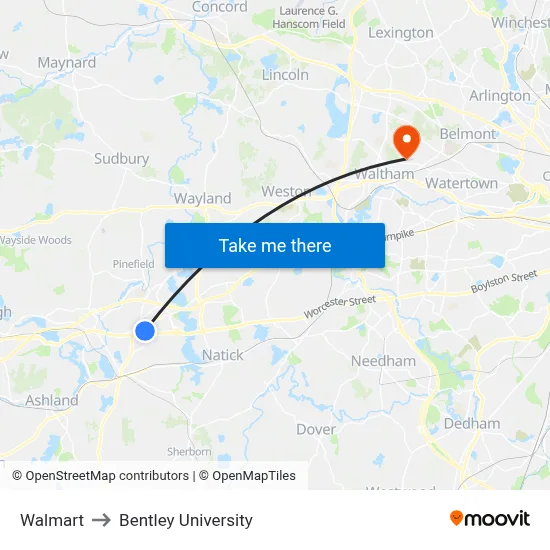 Walmart to Bentley University map