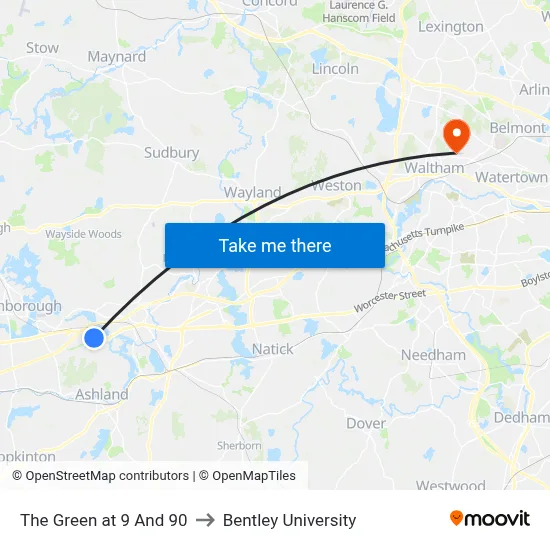 The Green at 9 And 90 to Bentley University map