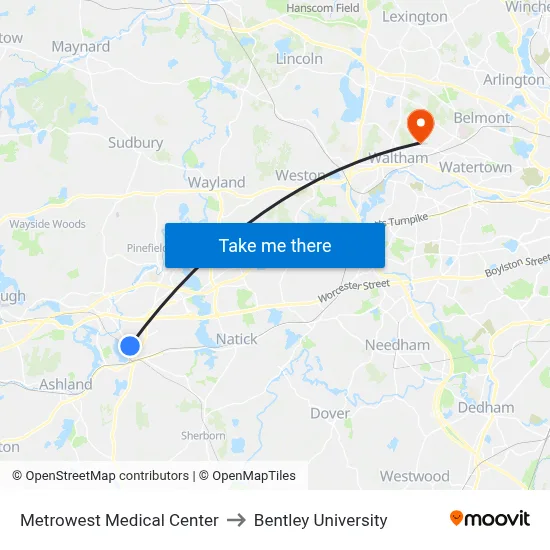 Metrowest Medical Center to Bentley University map