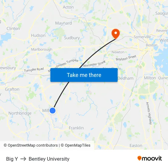 Big Y to Bentley University map