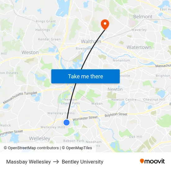 Massbay Wellesley to Bentley University map