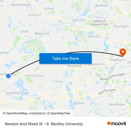 Newton And Weed St to Bentley University map