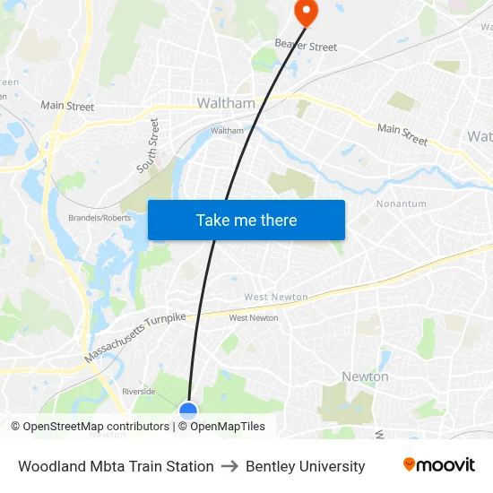 Woodland Mbta Train Station to Bentley University map