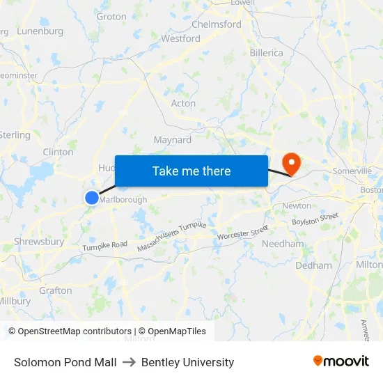 Solomon Pond Mall to Bentley University map