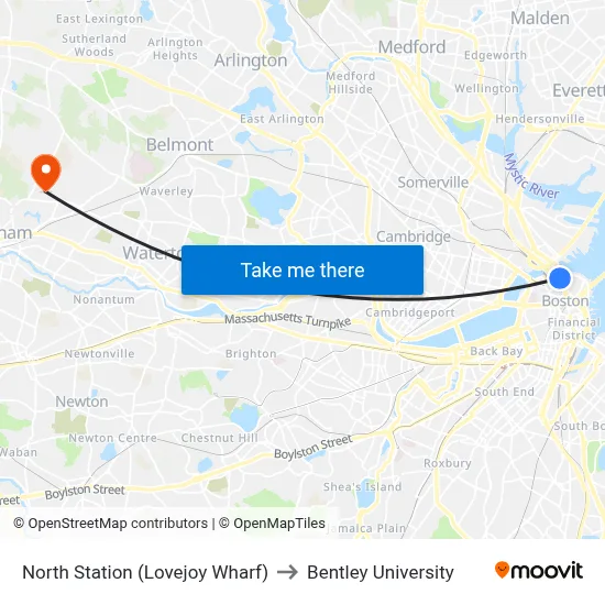 North Station (Lovejoy Wharf) to Bentley University map